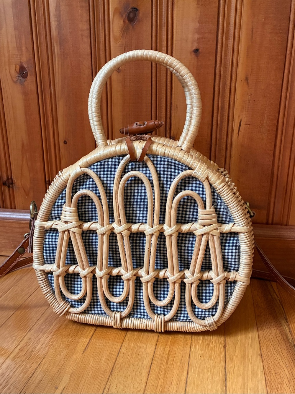 Natural Woven Round Handbag with Black & White Gingham Liner